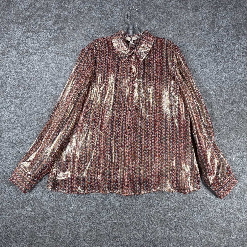 NWT E3 Etcetera Button-Down Silk Metallic‎ Multi Geometric Shimmer Shirt Size 14